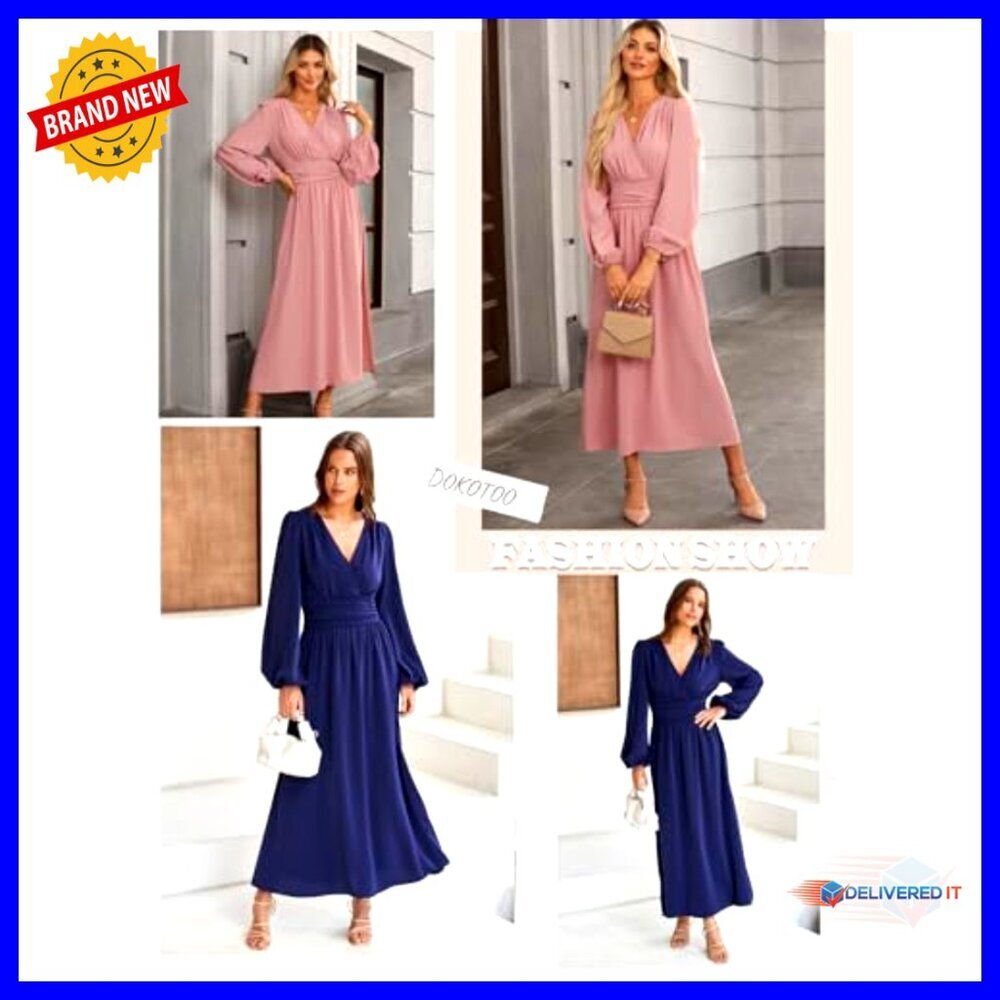 Elegant Wrap V-Neck Maxi Dress Ruched Empire Waist Long Sleeve Formal Chic - Picture 5 of 7